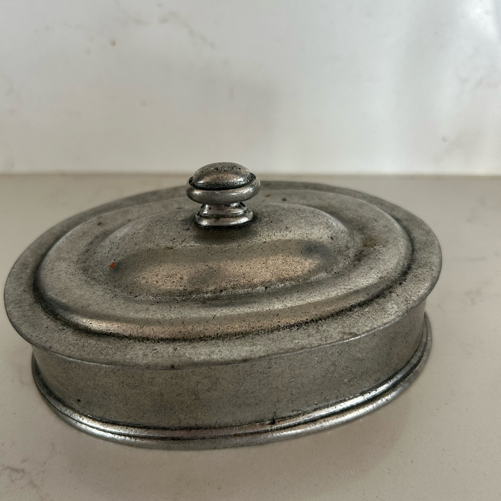 Vintage French Pewter Oval Lidded Container . 95 %